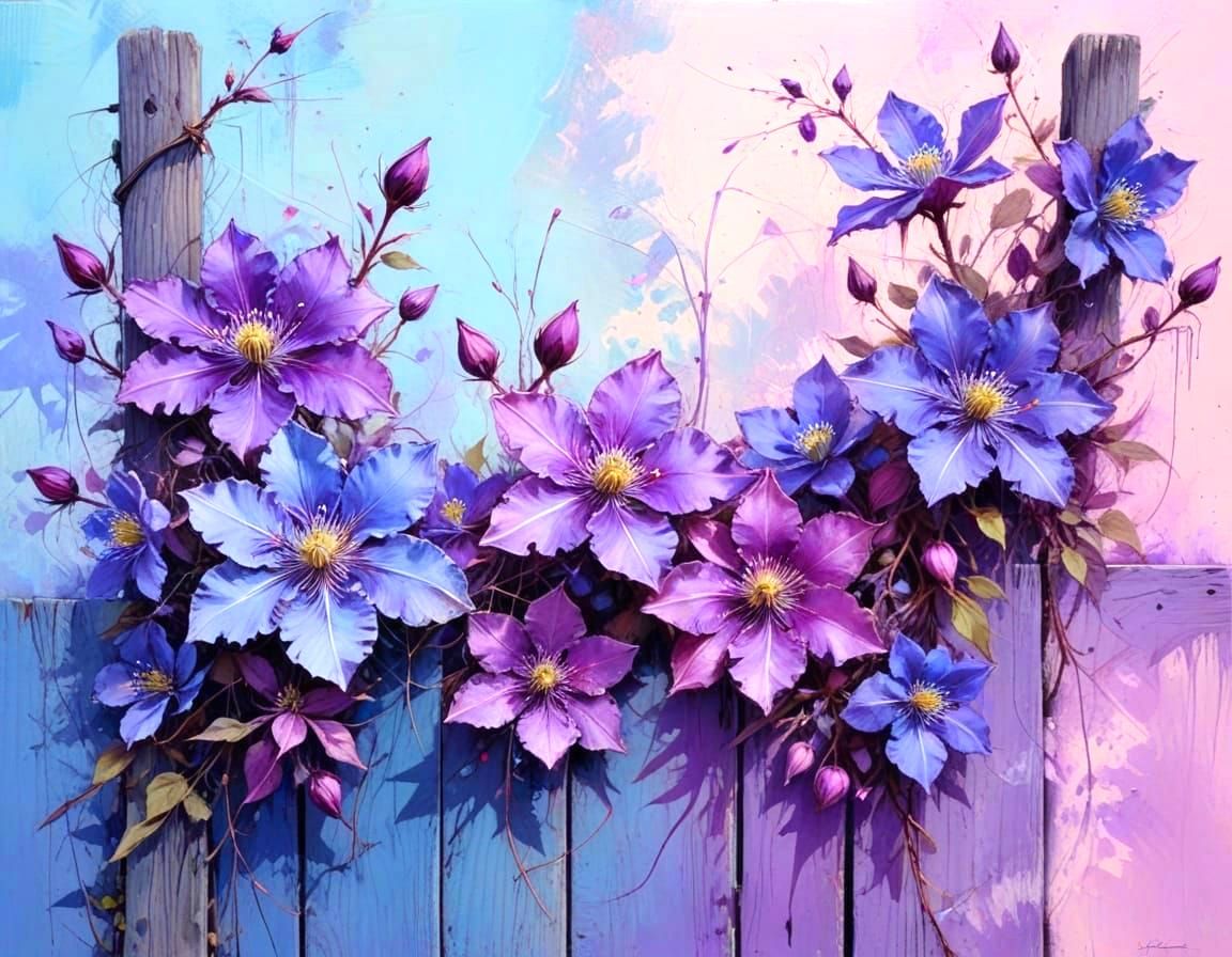 Vibrant Grunge Clematis Blooms on Rustic Garden Fence