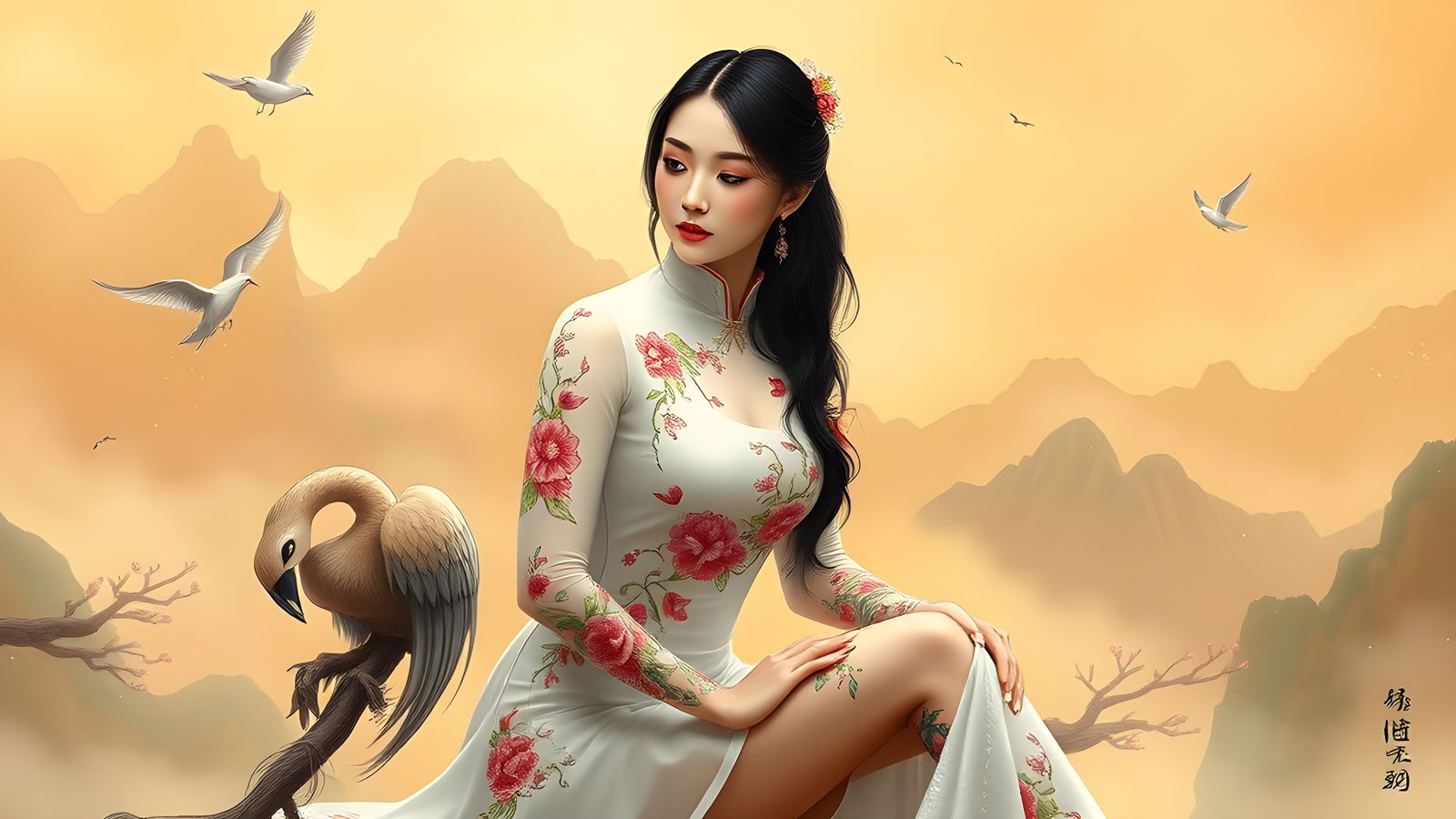 Elegant Woman with Tattoos in Ethereal Fantasy Style
