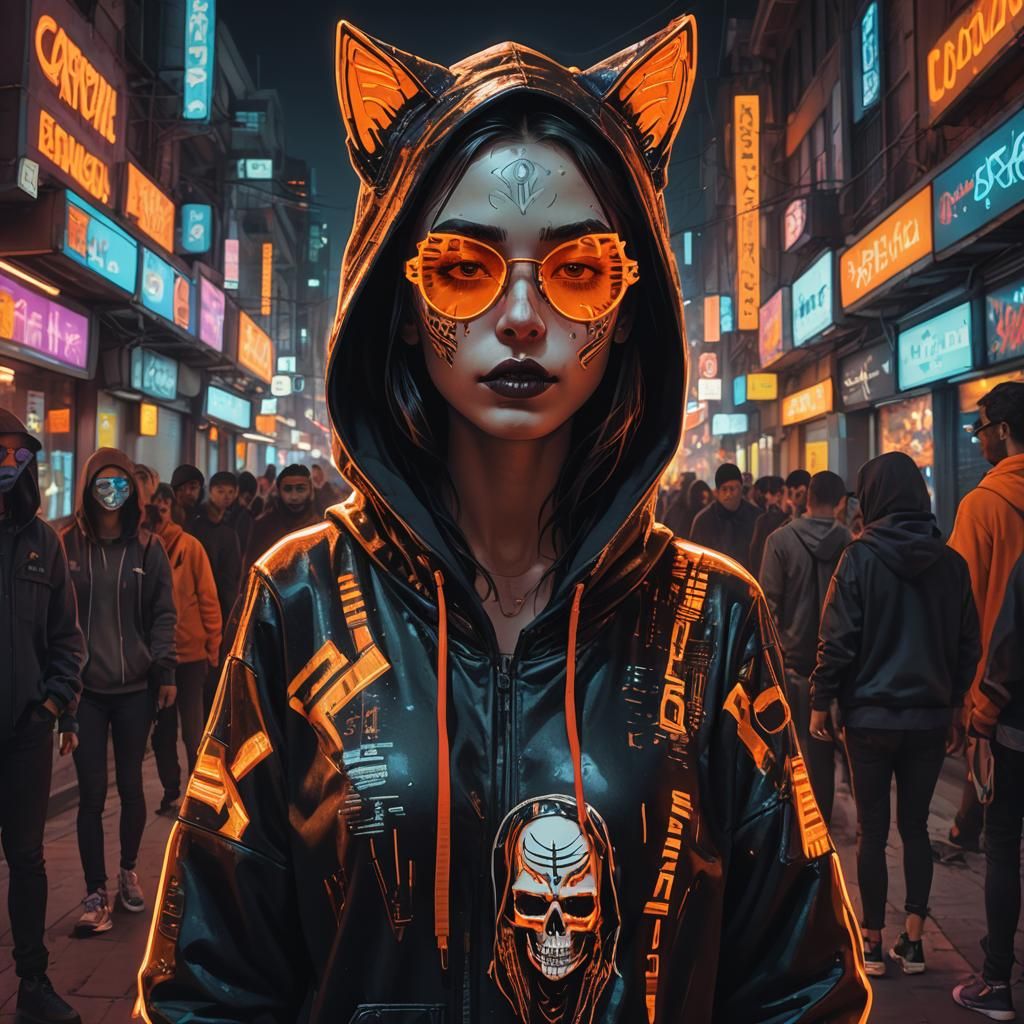 Cyberpunk Catrina Portrait in Neon-Lit City