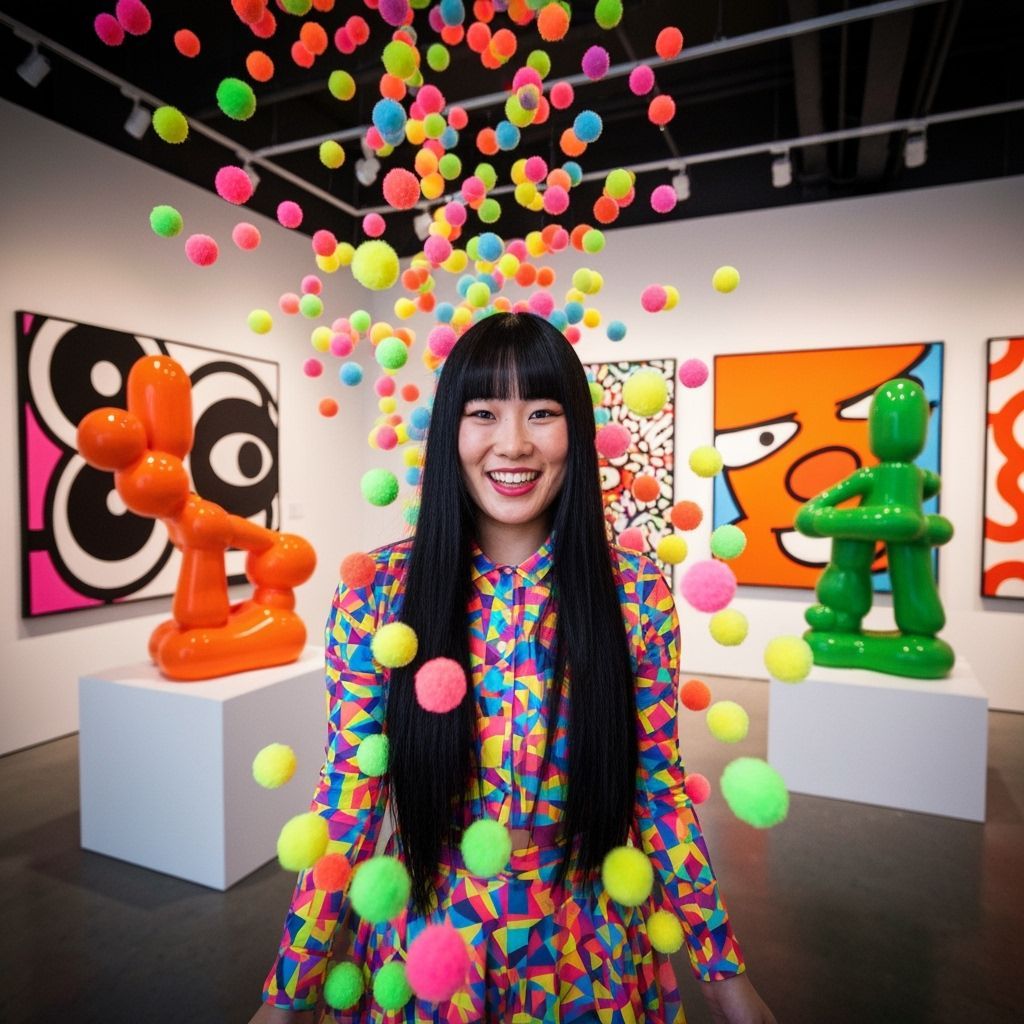 Smiling Woman in a Neon Pom-Pom Explosion, Pop Art Style