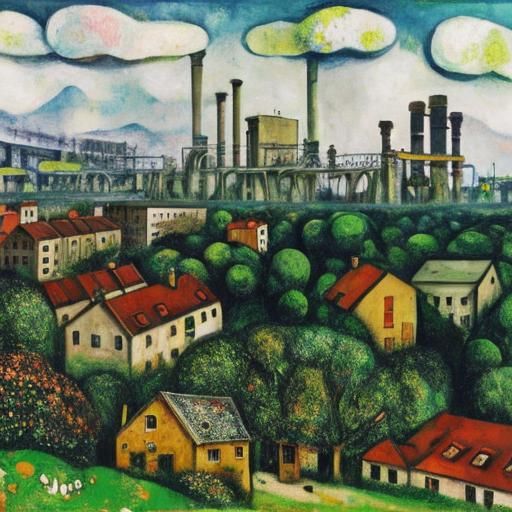 Overgrown Industrial Landscape in Chagall Style