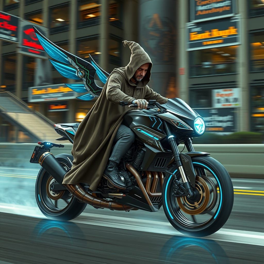 Wizard Riding a Neon Futuristic Motorcycle in a Dystopian Ci...