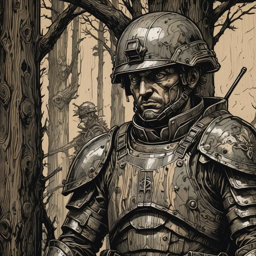 Soldier in Camouflage Armor, Durer-Style Woodcut