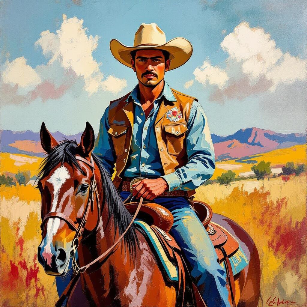Cowboy in Southwestern Landscape as Neo-Impressionist Art