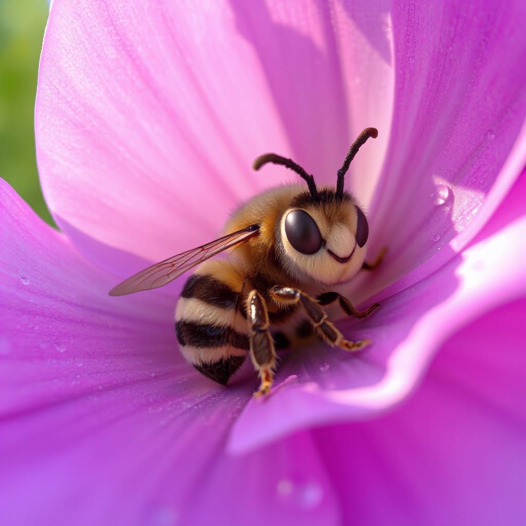 Sleepy Bee Resting in Flower Petal: 3D Rendered