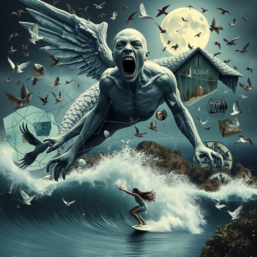 Surreal Angel Amidst Shattered Mirrors, Collecting Debris in...