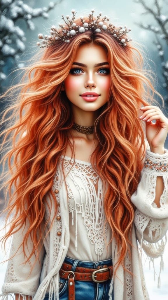 Whimsical Illustration of Girl Relaxing in Winter Landscape