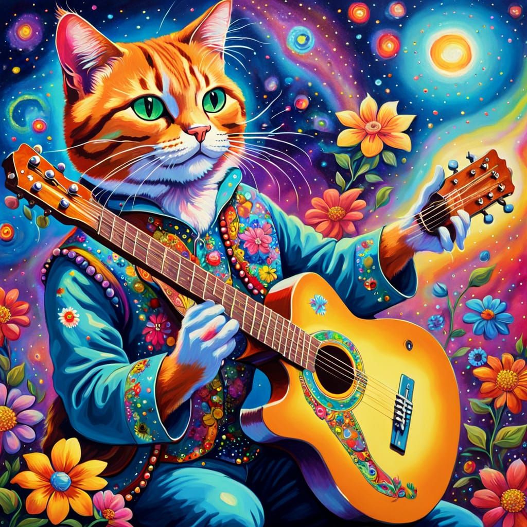 Psychedelic Hippie Cat Plays Guitar: Oil Painting Caricature