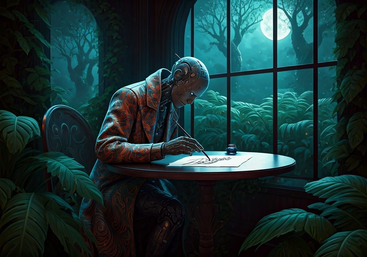 Android Seeks Perfection in Cyberpunk Night Café