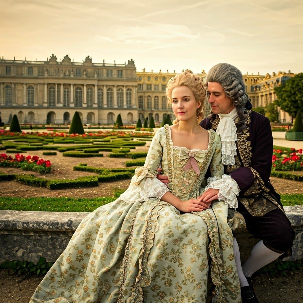 Baroque Woman in French Garden with Palace