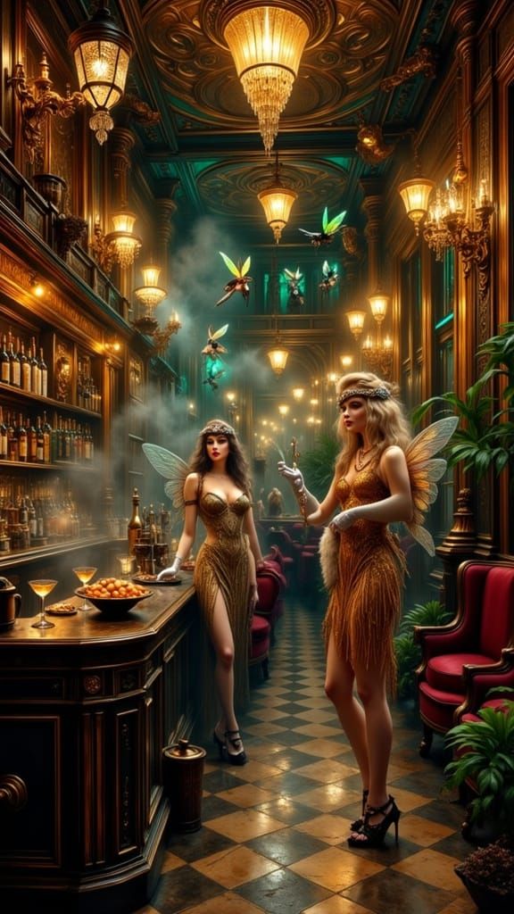 Lavish Art Deco Speakeasy with Fairies Serving Drinks