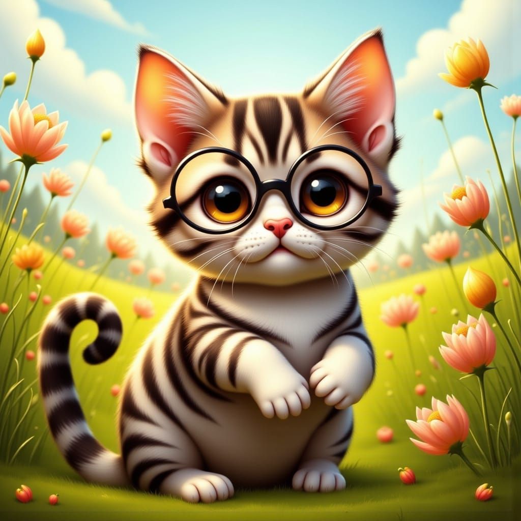 Whimsical Kitten Plays in a Sunny Field with Oversized Glass...