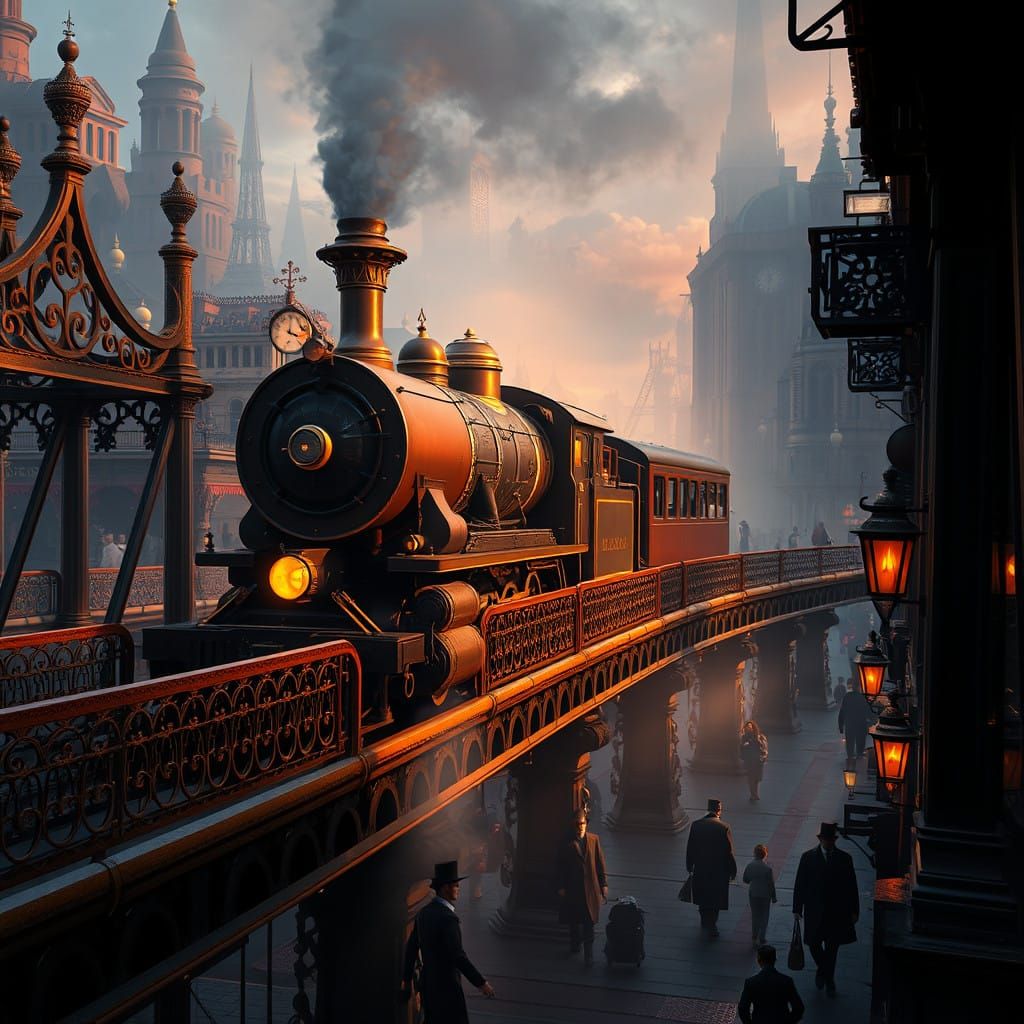 Majestic Steam Train Chugs Through Victorian-Era Metropolis....