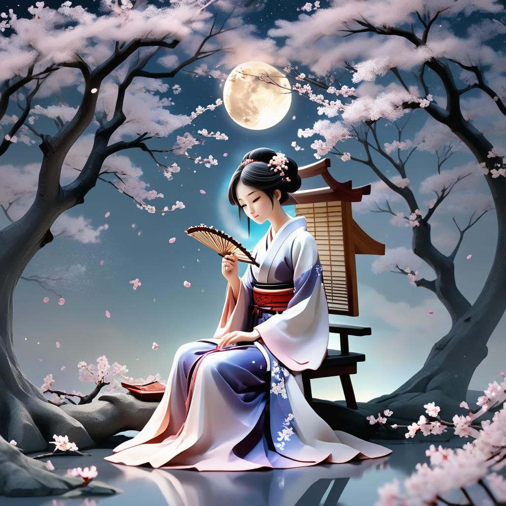 Anime Koto Player Under Cherry Blossoms in Moonlight