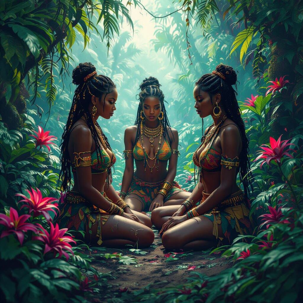 African Sisters in Vibrant, Mysterious Jungle