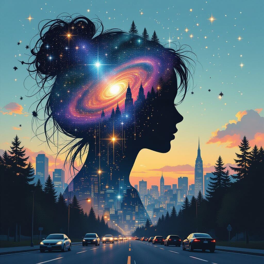 Galaxy Dripping into World: Double Exposure Art