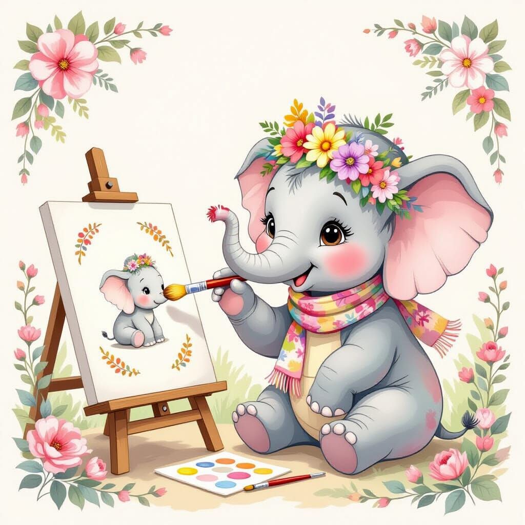Whimsical Elephant Painter in Floral Style
