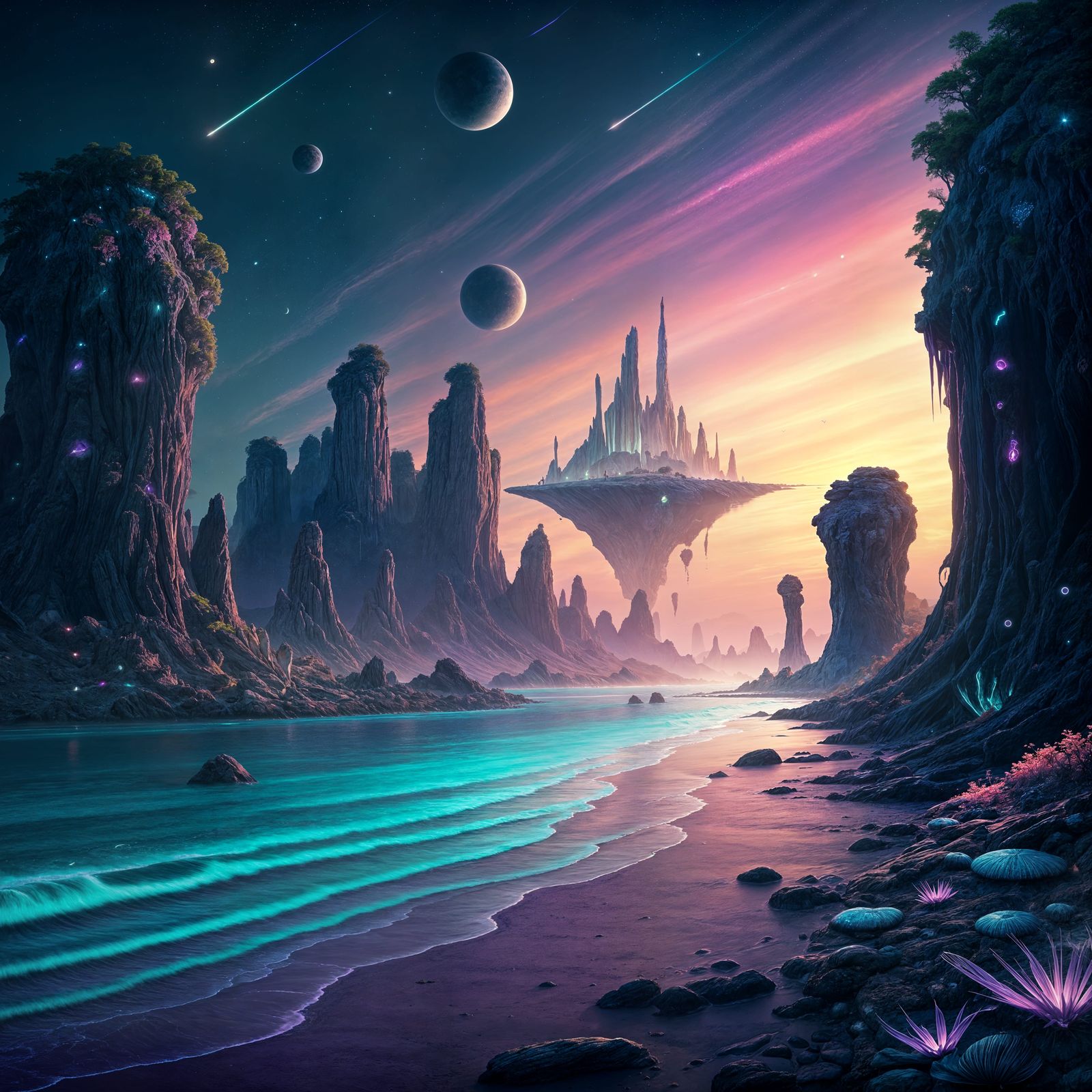 Bioluminescent Beach on Alien Planet with Crescent Moons