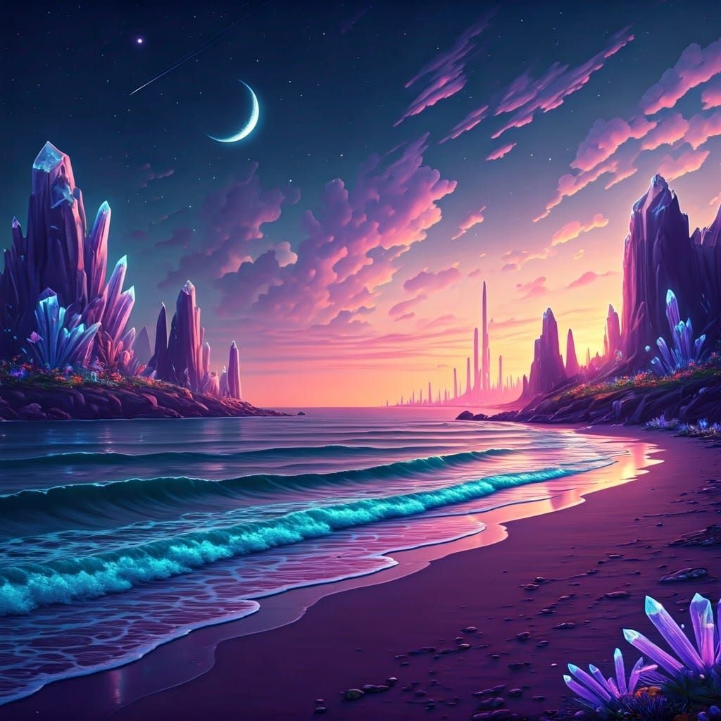 Ethereal Alien Landscape with Bioluminescent Beach
