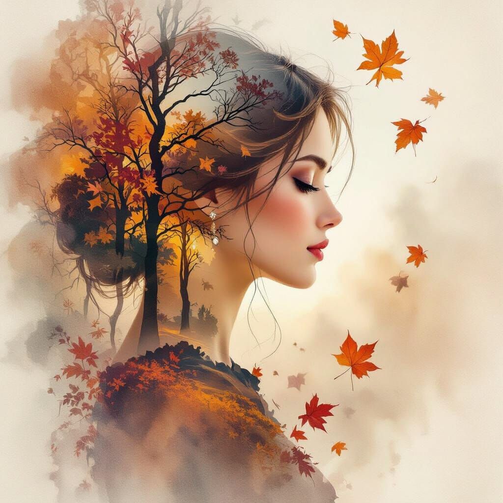 Elegant Woman's Profile Merged with Autumn Trees in Watercol...