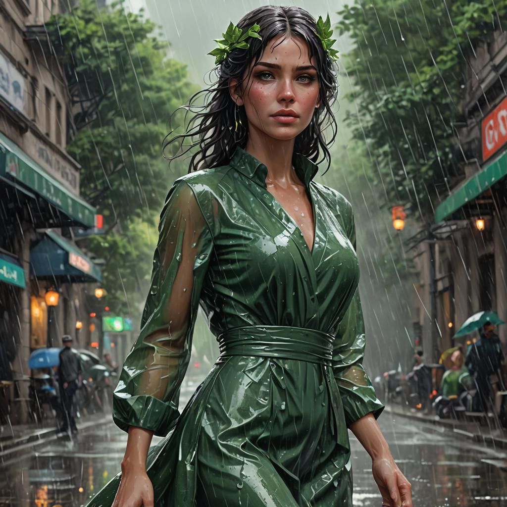 Girl in Green Dress, Rain Portrait in Artgerm Style