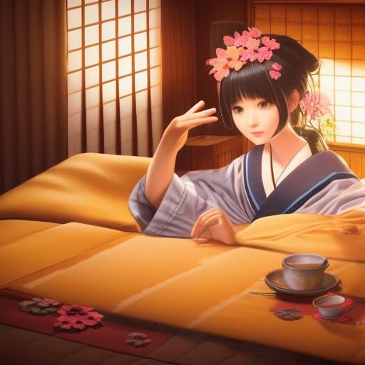 Yukata Girl Under Kotatsu: A Matte Painting