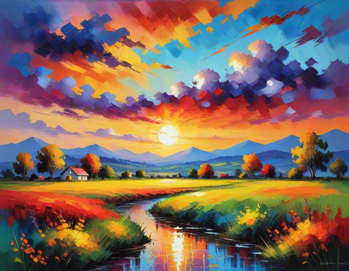 Vivid Sunset Landscape in Impressionist Style