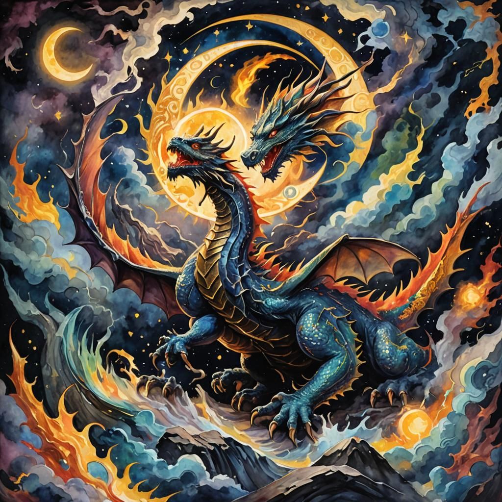 Dragon and Celestial Bodies in Impressionist Gouache