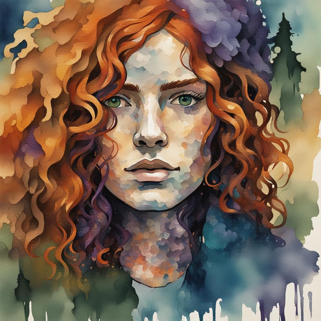 closeup of a edgy boho female with curly auburn hair against...