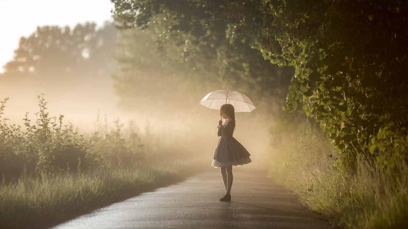Anime Girl in Summer Rain Shower Landscape