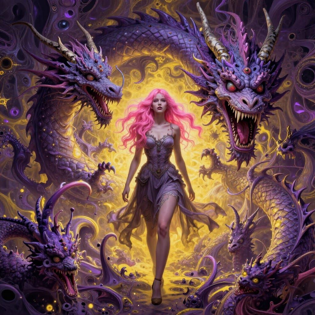 Surreal Dragon and Pink Haired Woman in Fractal Fusion