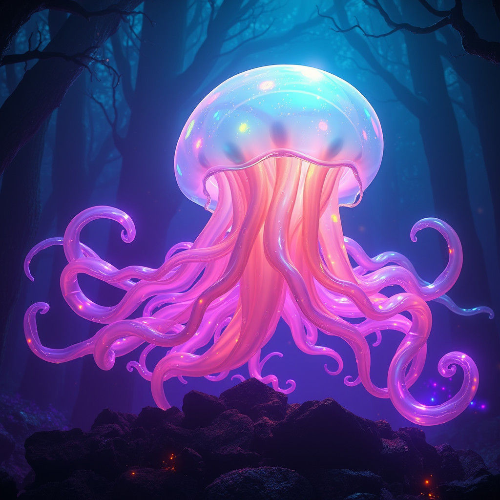 Bioluminescent Jellyfish Creature in Mystical Forest