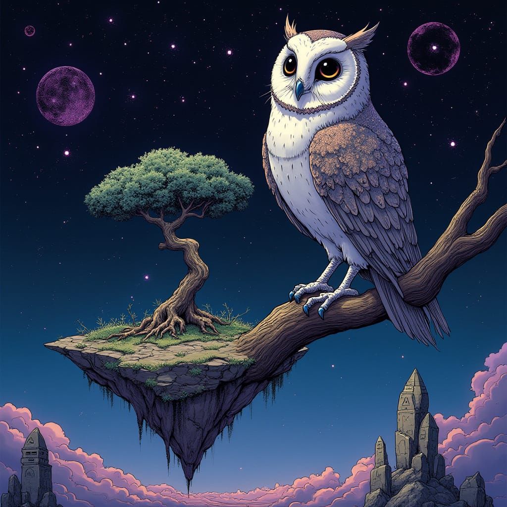 Stardust Owl on Celestial Tree in Cosmic Void