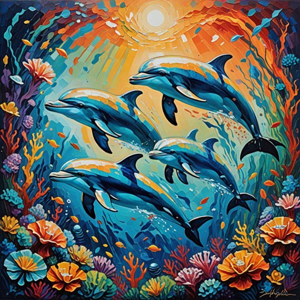 Dolphins Swim Vibrant Coral Reef in Neo-Impressionist Style