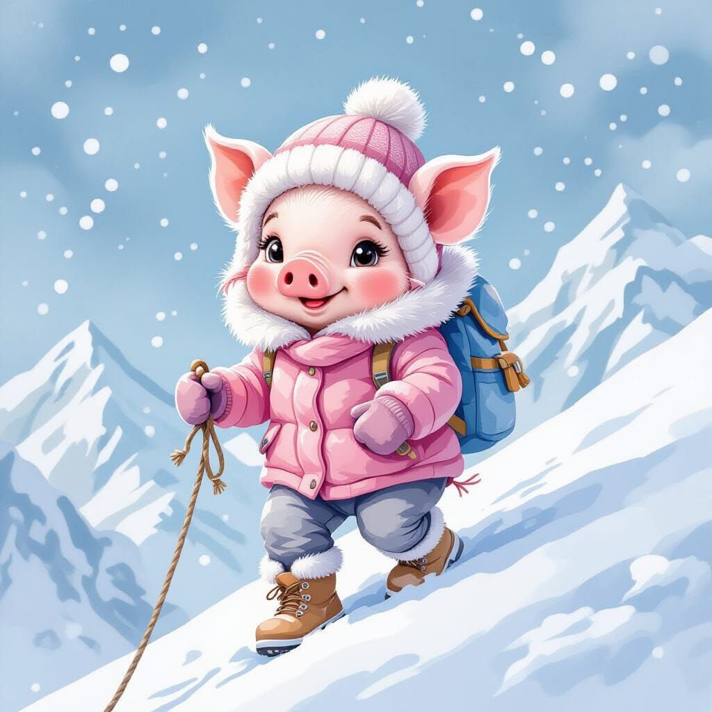 Cute Piglet Climbs Snowy Mountain in Watercolor Style