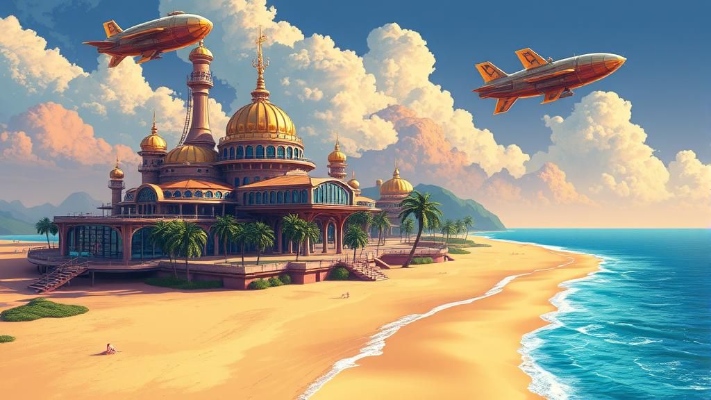 Cyberpunk Beach Fortress with Steampunk Airships