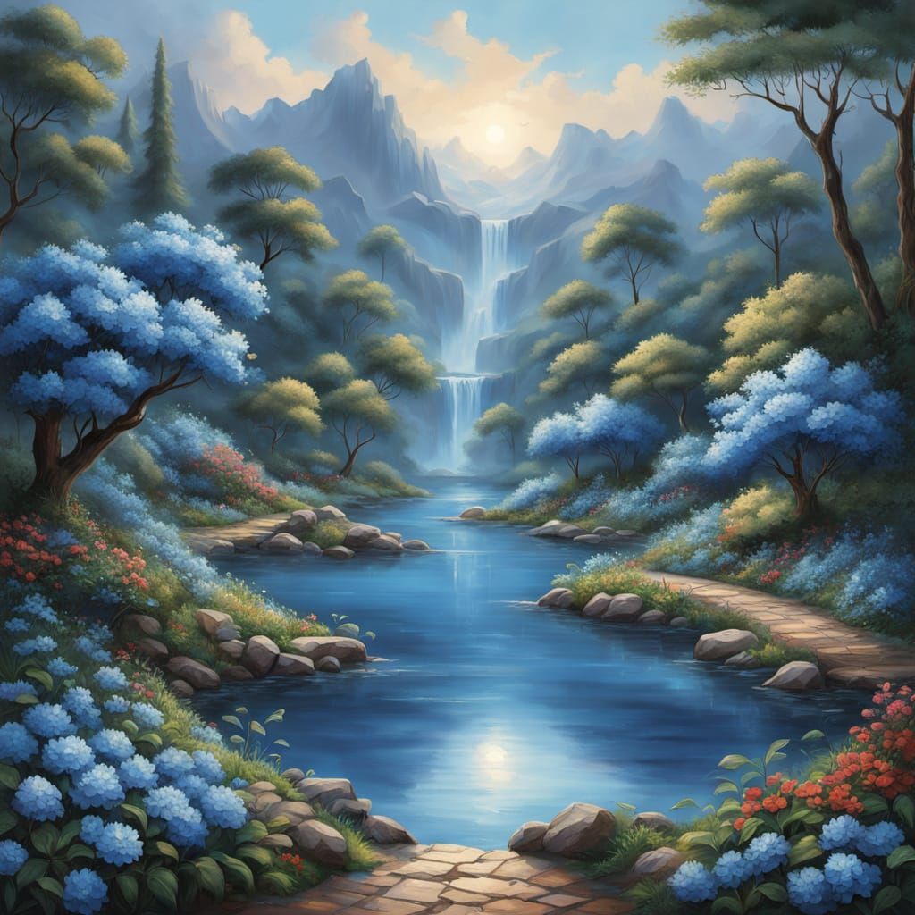 Blue Garden Sunset: A Hyperrealistic Landscape