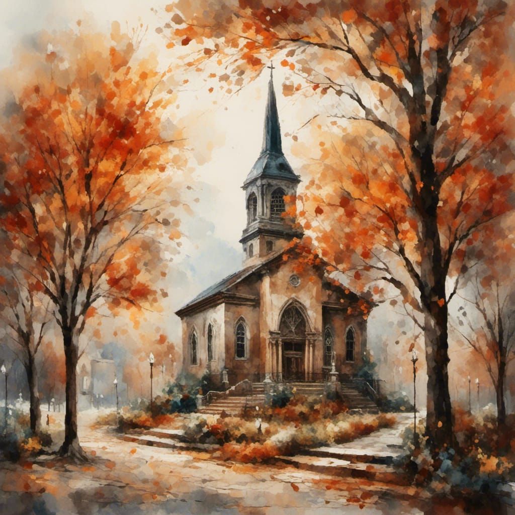 New England Church in Autumn, Acrylic Watercolor Style