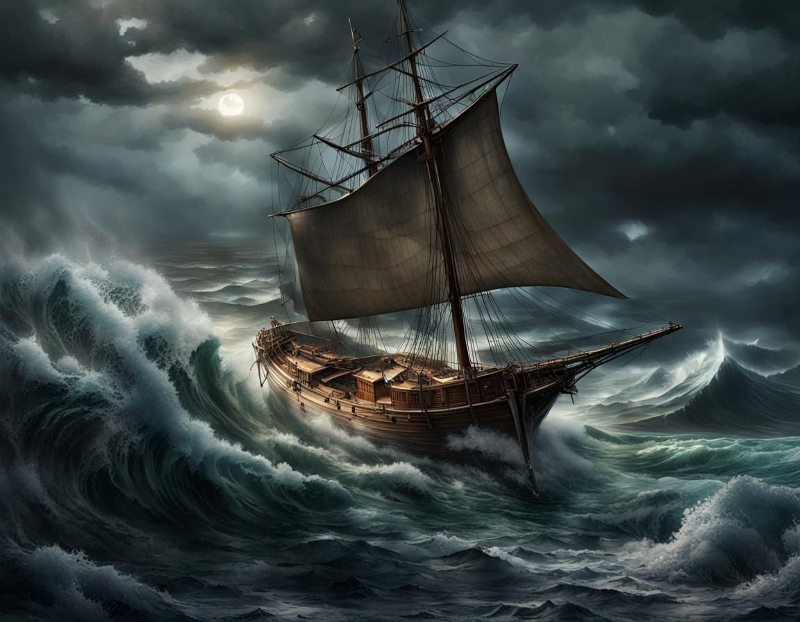 Stormy Ocean with Broken Sailboat in Dark Fantasy Style