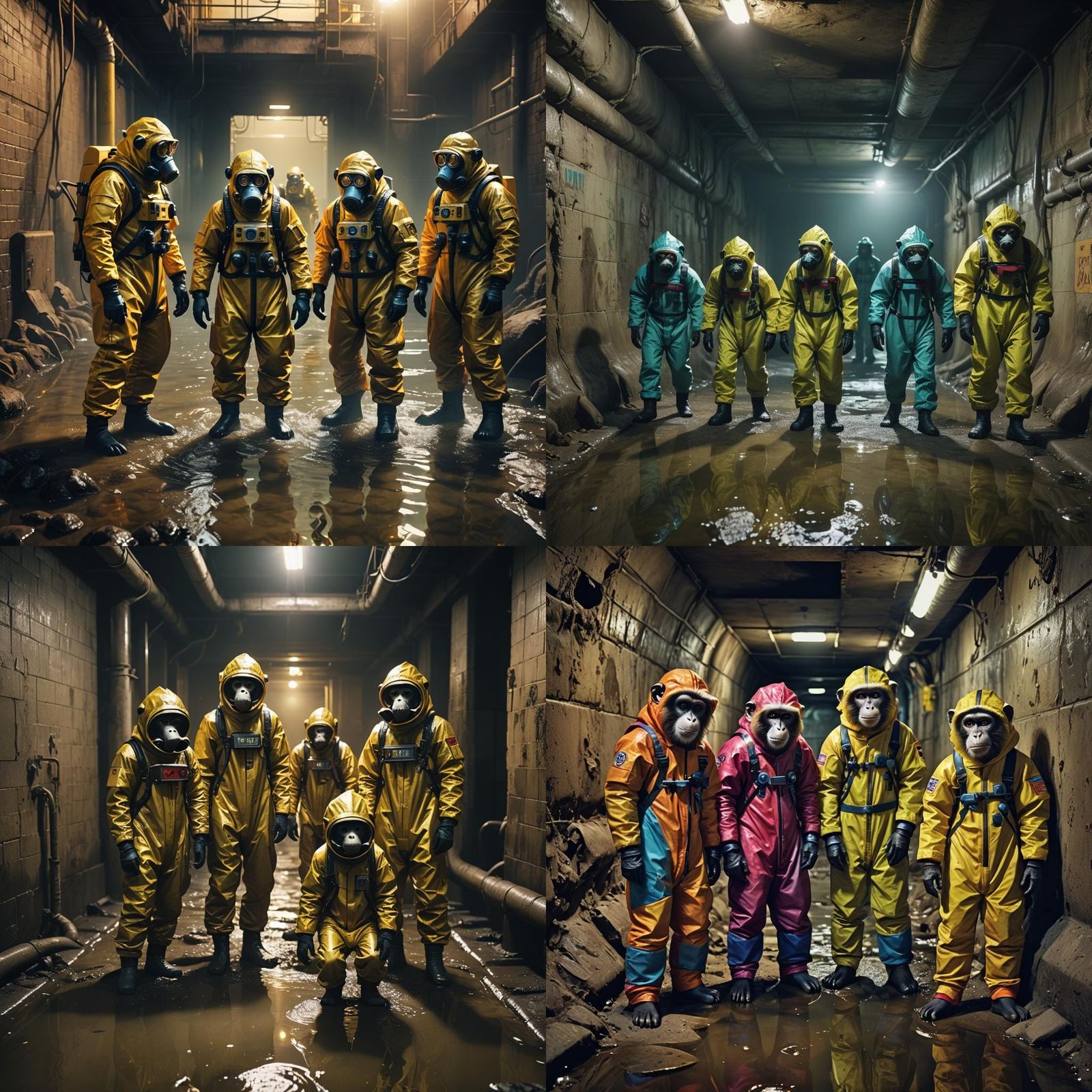 Monkeys in Hazmat Suits in Sewer: Hyperrealistic Image
