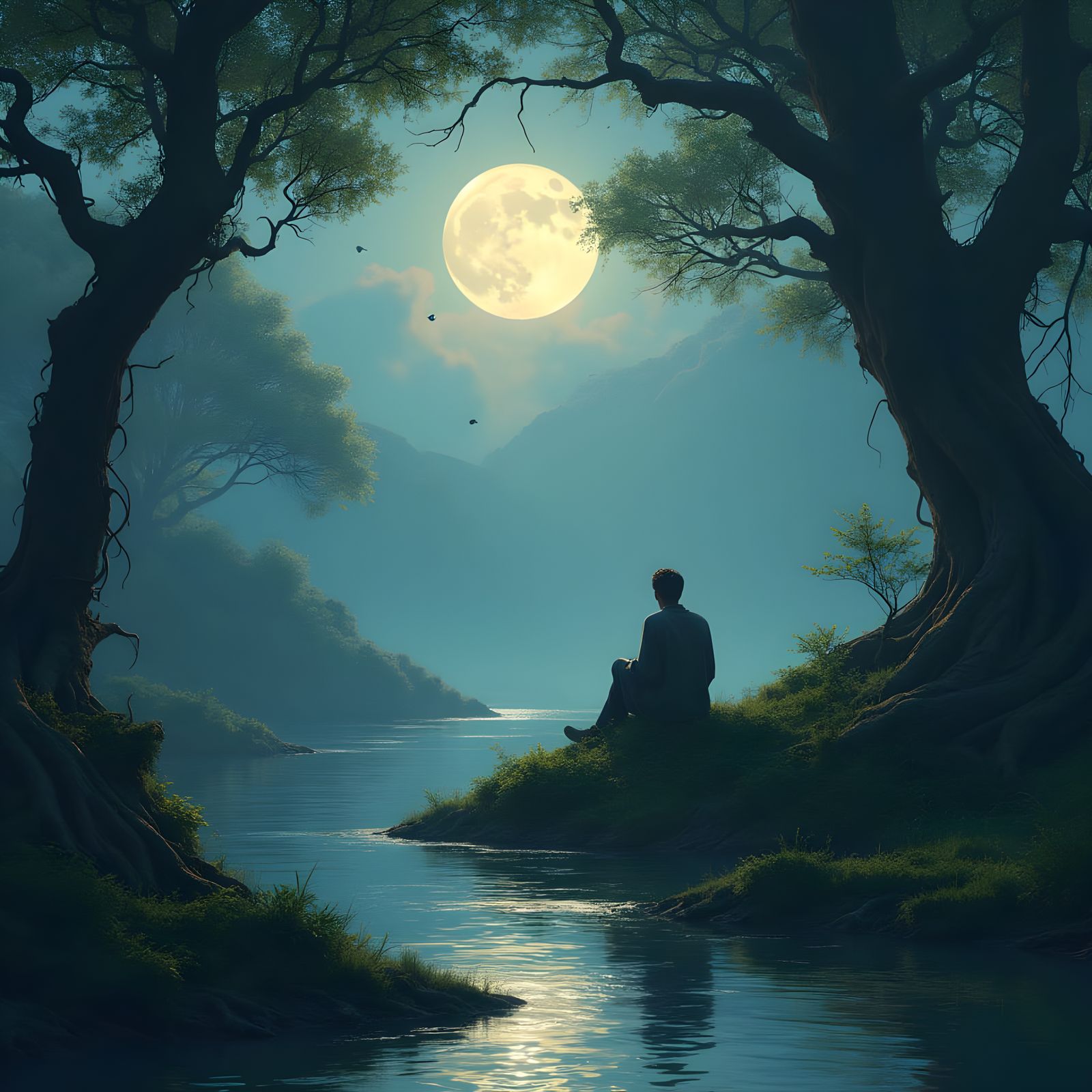 Serene Moonlit Riverbank Scene in Dreamlike Atmosphere