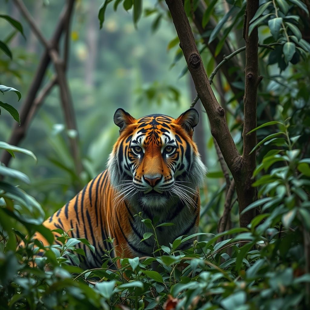 Tiger Camouflaged in Dense Jungle Foliage