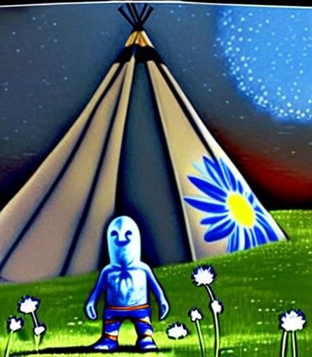 grey alien standing beside a tipi with a blue daisy that has...