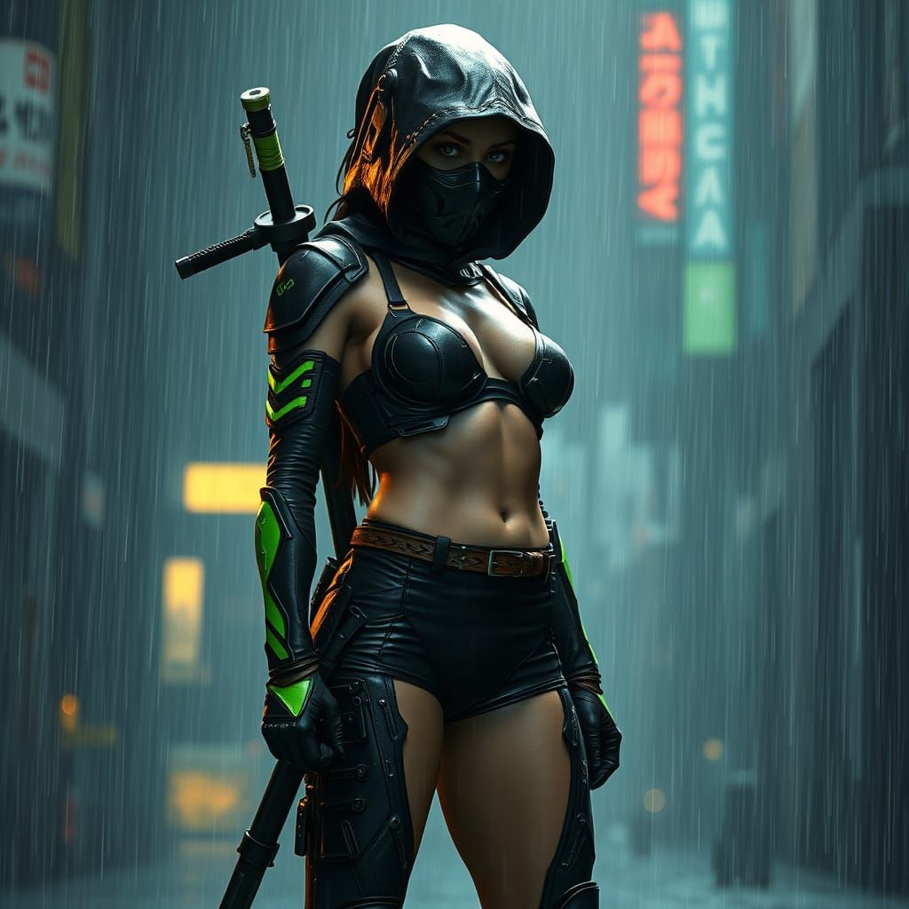 Futuristic Ninja in Rain: Cinematic Film Noir