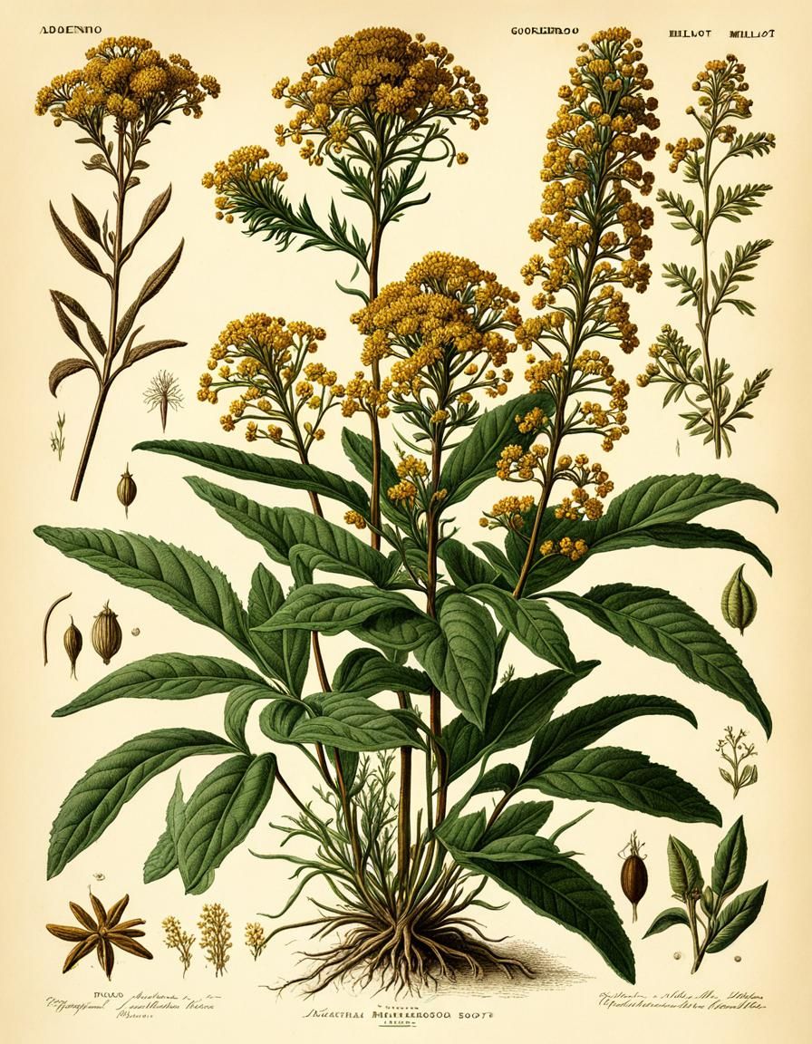 Detailed Sepia Sketch of Goldenrod Plant