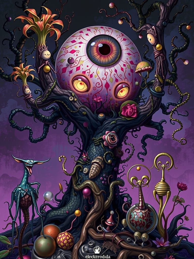 Surreal Giant Tree with Eyeball, Whimsical Fantasy Art