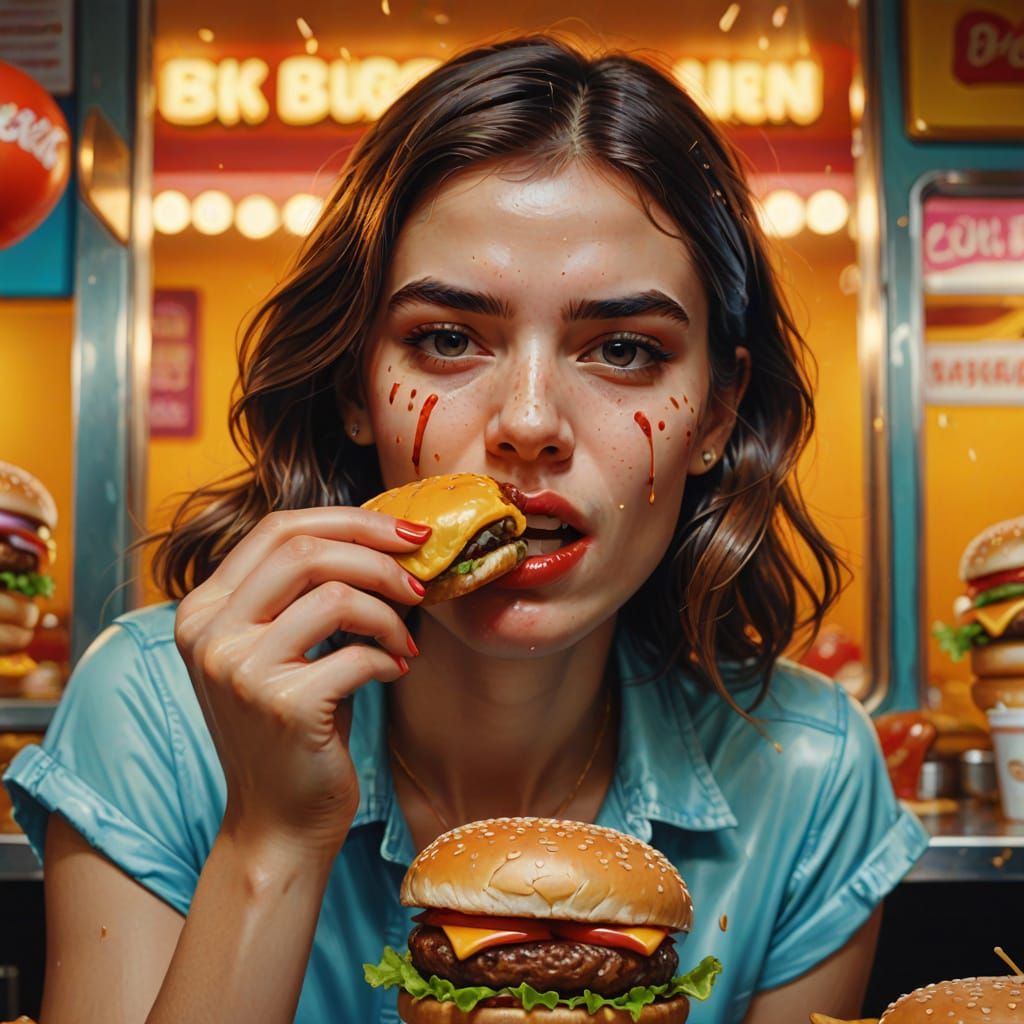Sultry Woman Devours Burger in Soft Focus Golden Light