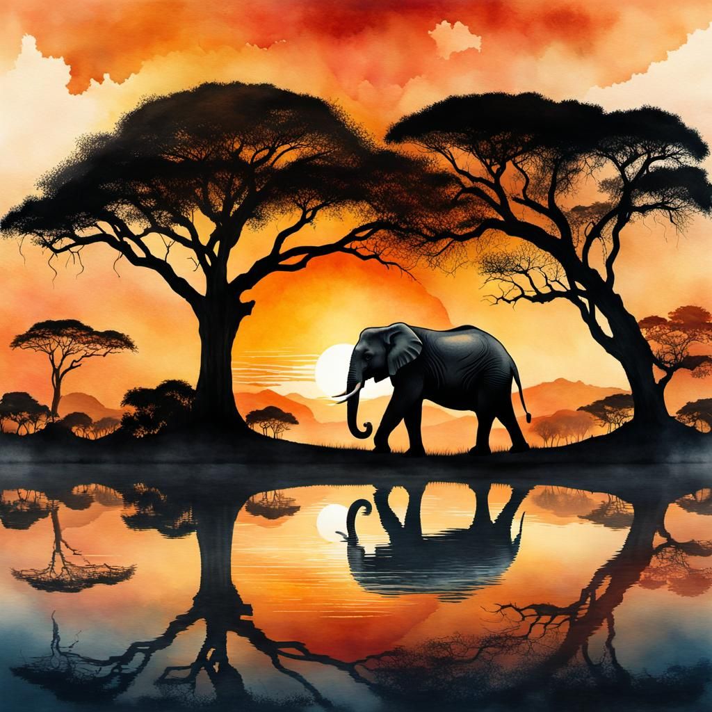 Savannah Elephant Double Exposure Watercolor Illustration