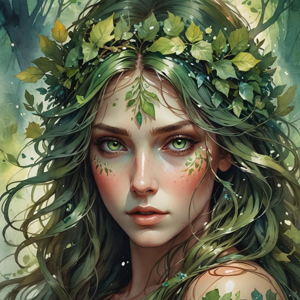 Dryad Portrait with Long Hair in Watercolor Style
