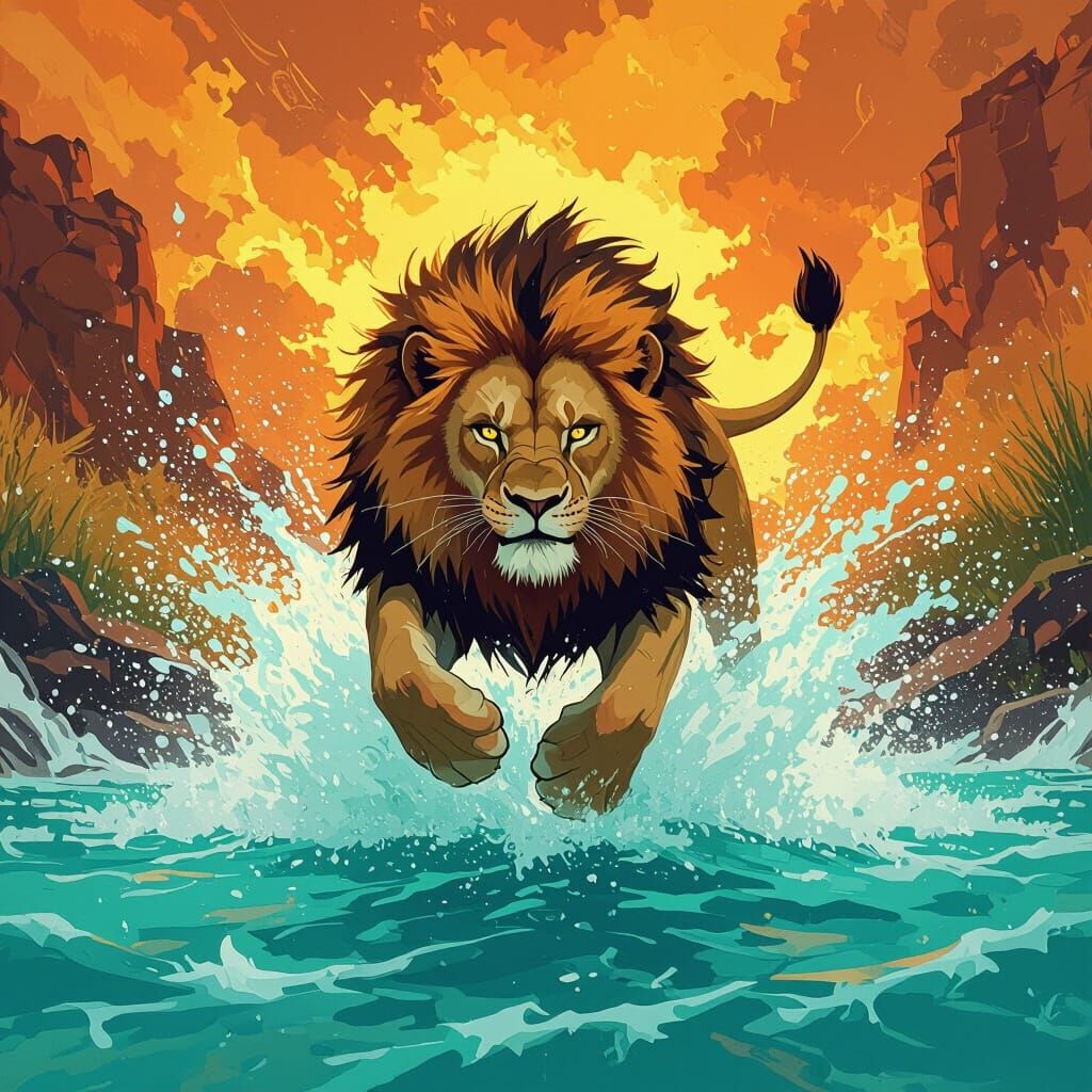 Lion Leaping Across River in Digital Art Style